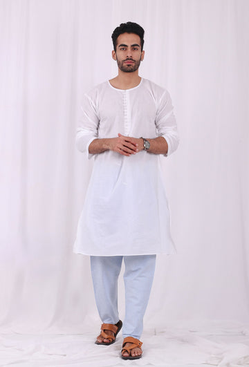 Set of 2: White Cotton kurta with Blue Striped Pajama
